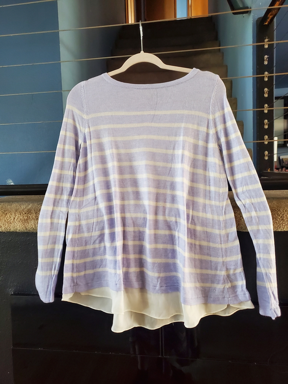 Roz & Ali Lavender and White Striped Layered-Hem Long Sleeve Top